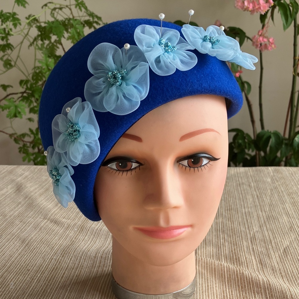 Chic Royal Blue Wool Beret Hat with Blue Floral Accents